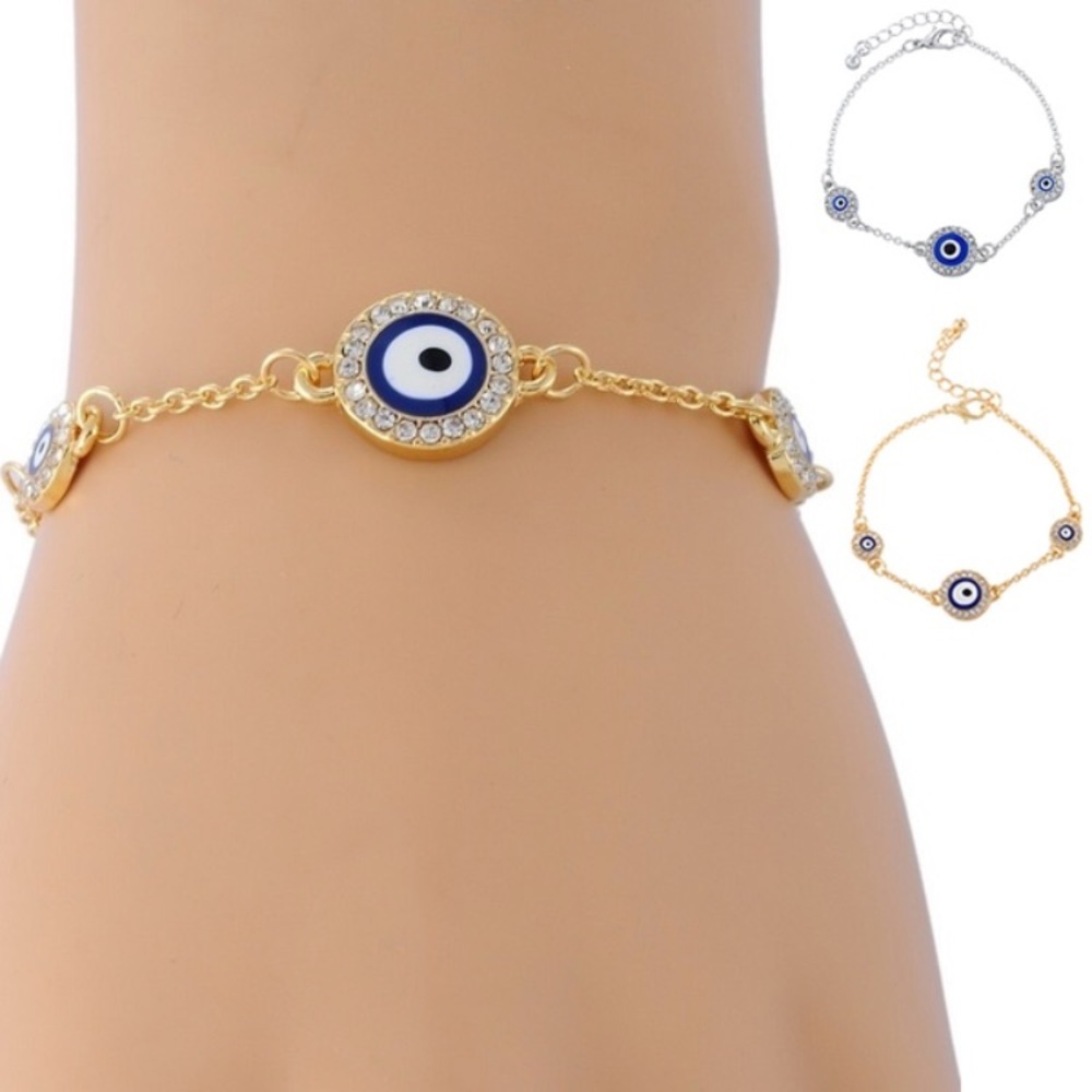 Golden Rhinestone and Enamel Evil Eye Bracelet - Picture 2 of 3